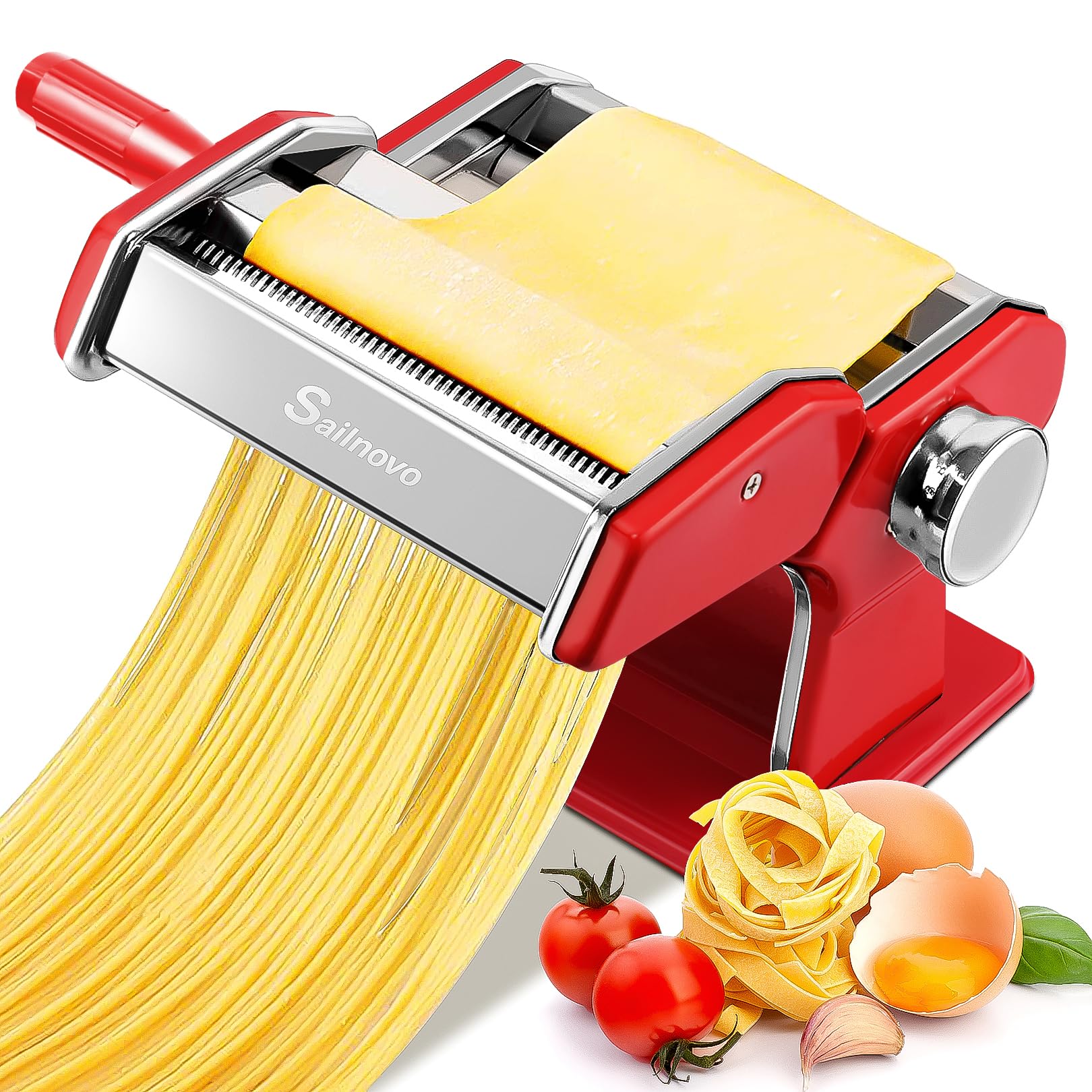 Sailnovo front view showing red pasta maker and user-friendly controls for precision