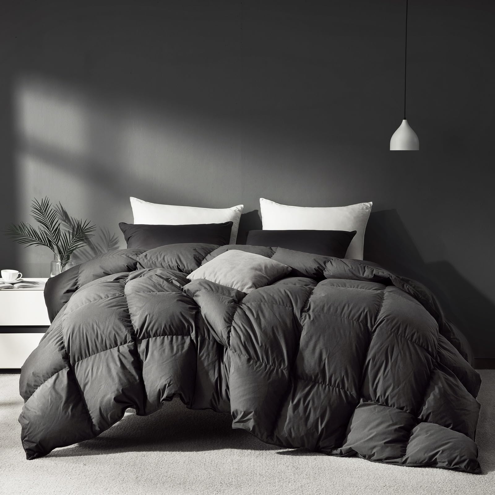 Saisier front view of dark grey comforter showing hotel-style finish and aesthetic