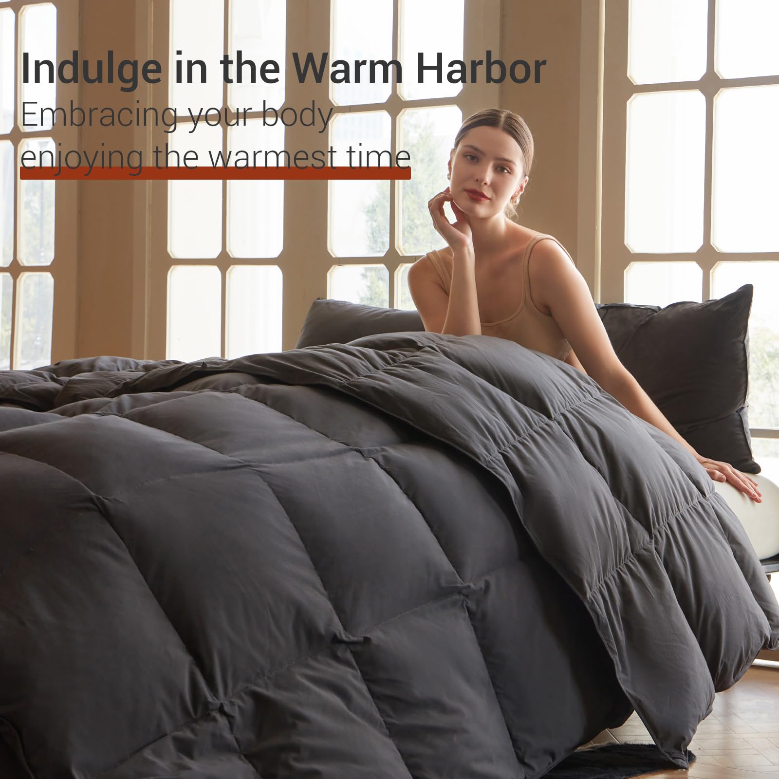 Saisier comforter on bed in lifestyle scene demonstrates modern aesthetic and comfort
