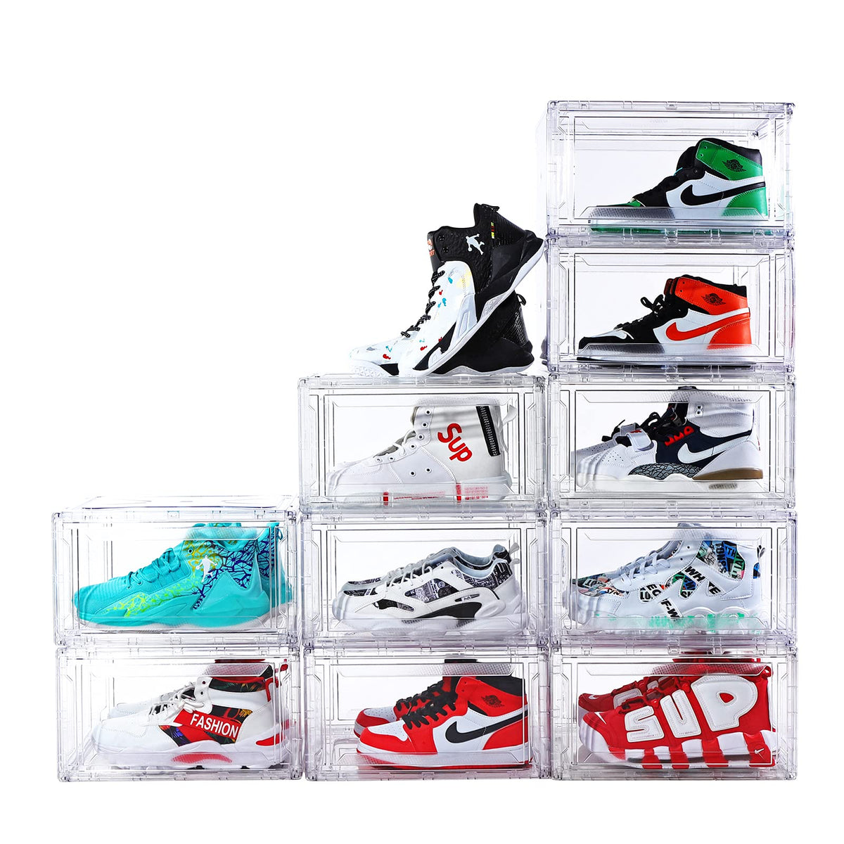 SAISTORY clear front view showing stacked shoes and quick visibility benefit