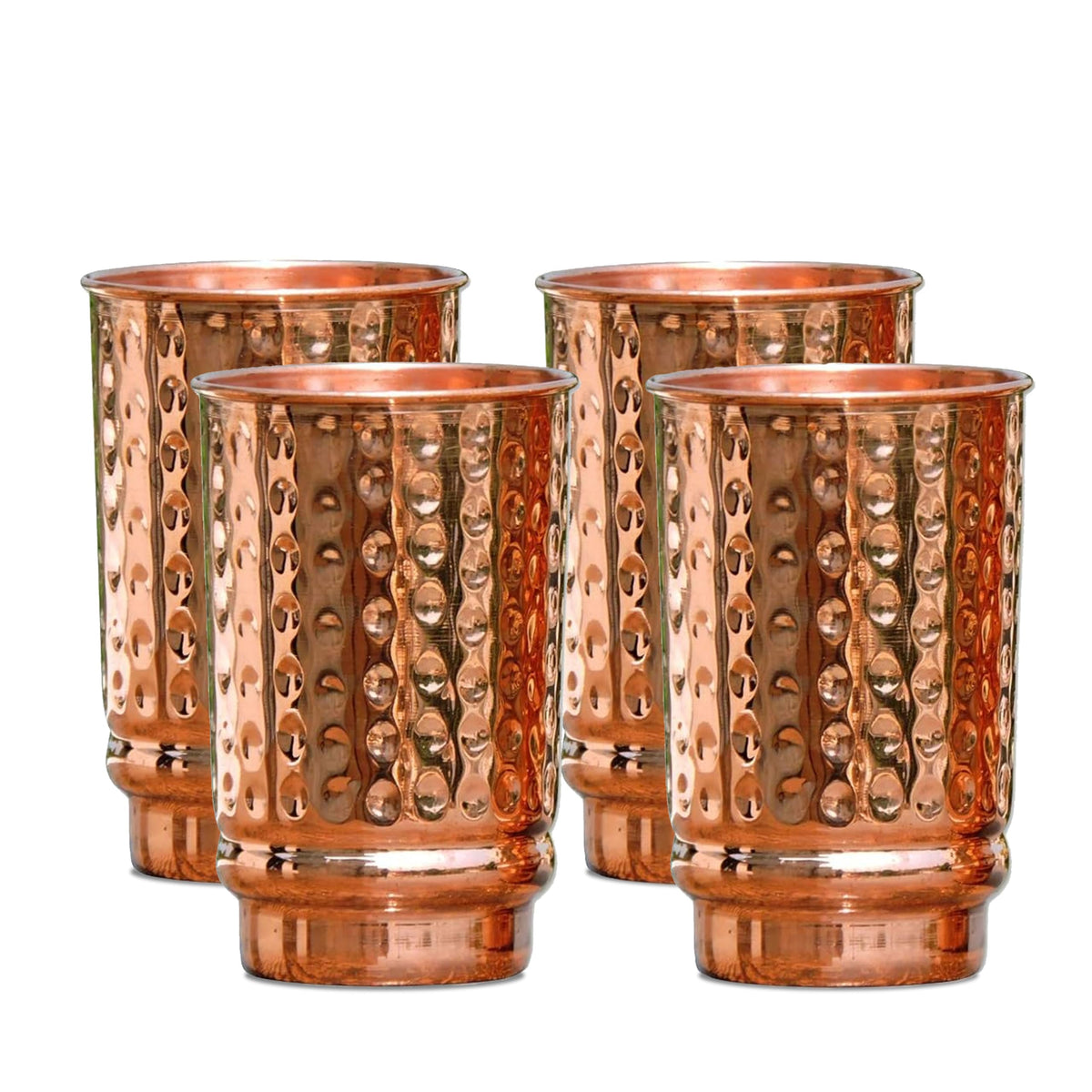 SAJTOX front view of four hammered copper tumblers showing elegant set and durability