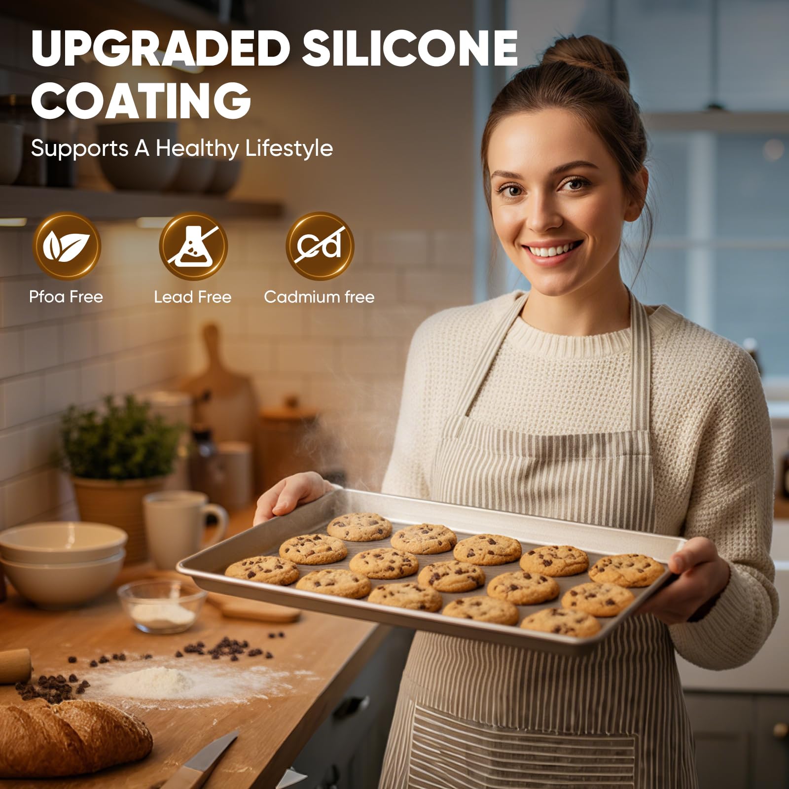 SakerPlus cookie batch sliding off nonstick surface demonstrating easy release