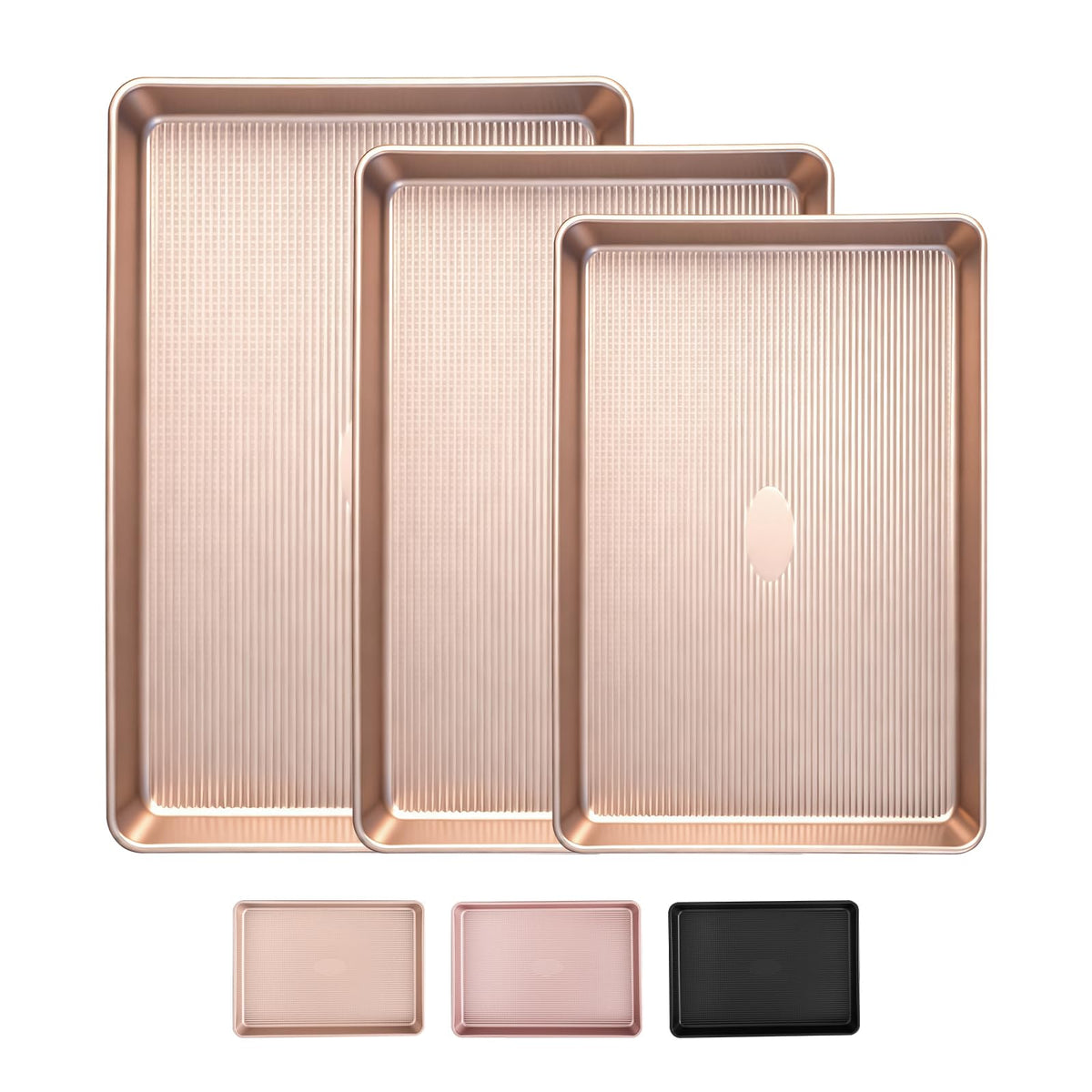SakerPlus front view of three baking sheets showing champagne finish and sizes