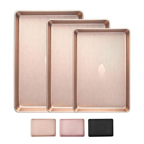 SakerPlus front view of three baking sheets showing champagne finish and sizes