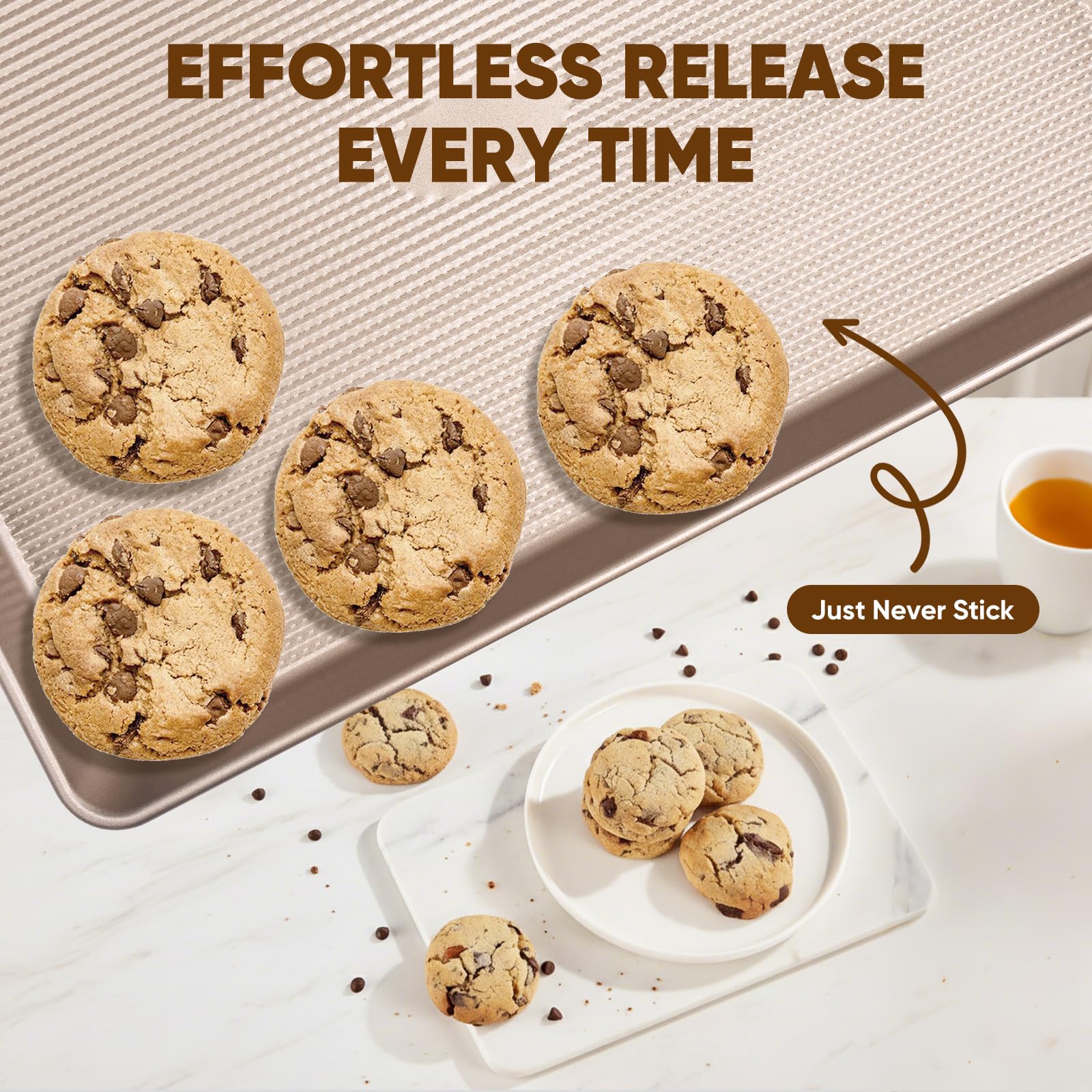 SakerPlus baking sheets styled on kitchen counter for attractive serving presentation