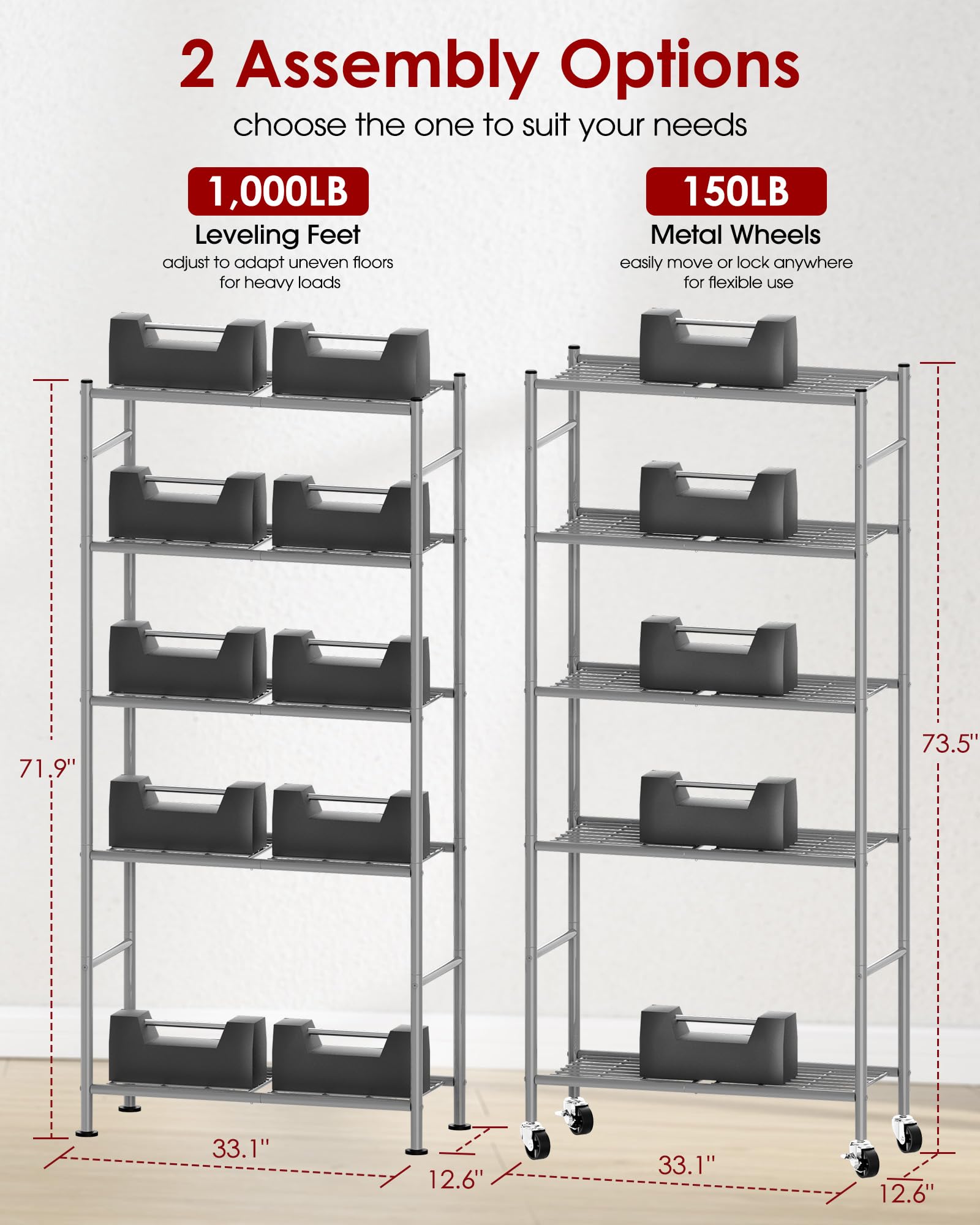 Sakugi image showing removable casters and adjustable feet with quick-convert mobility benefit