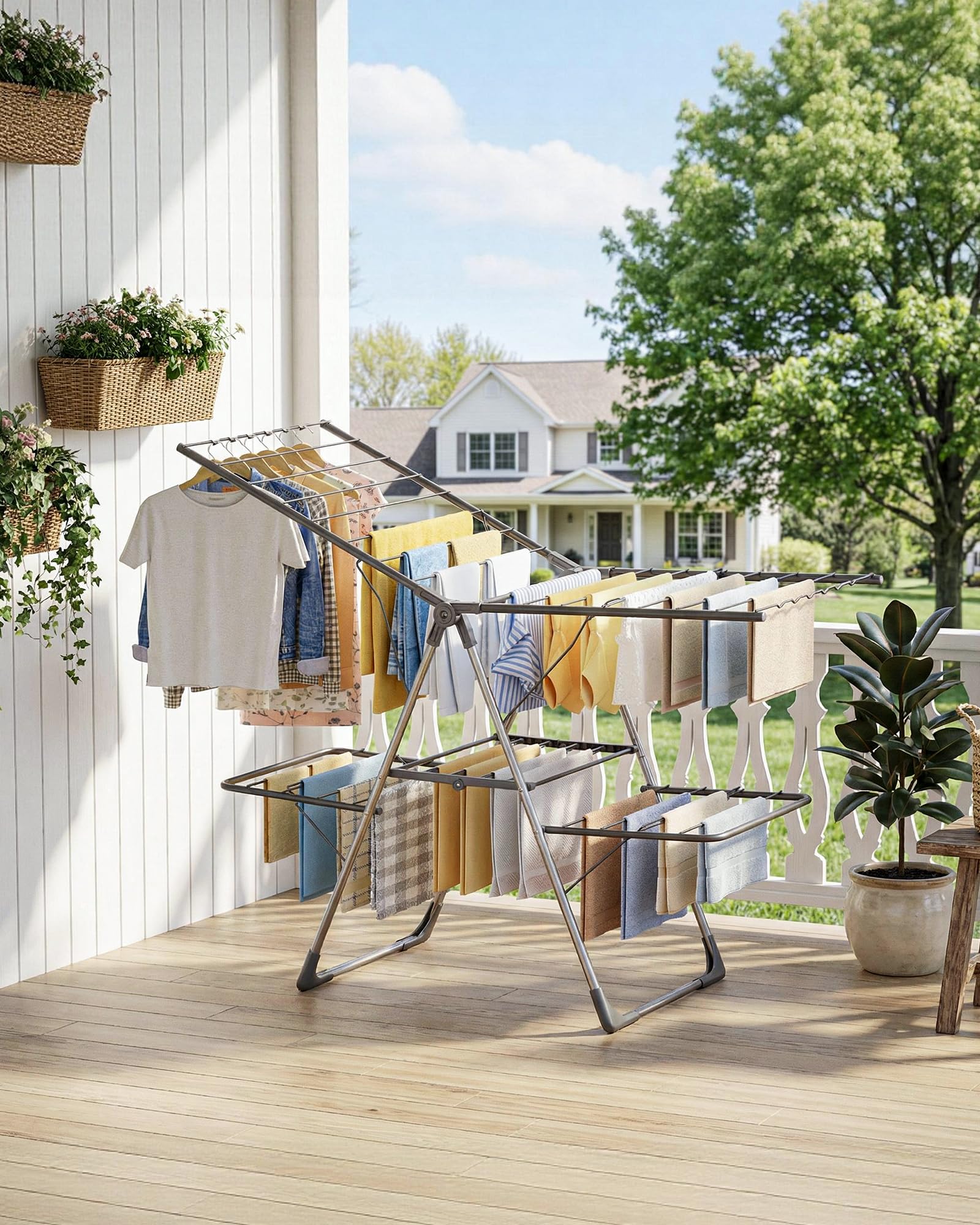 Sakugi folded rack stored in narrow closet showing space-saving benefit