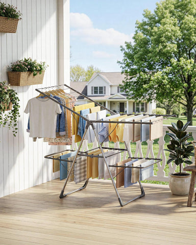 Sakugi folded rack stored in narrow closet showing space-saving benefit