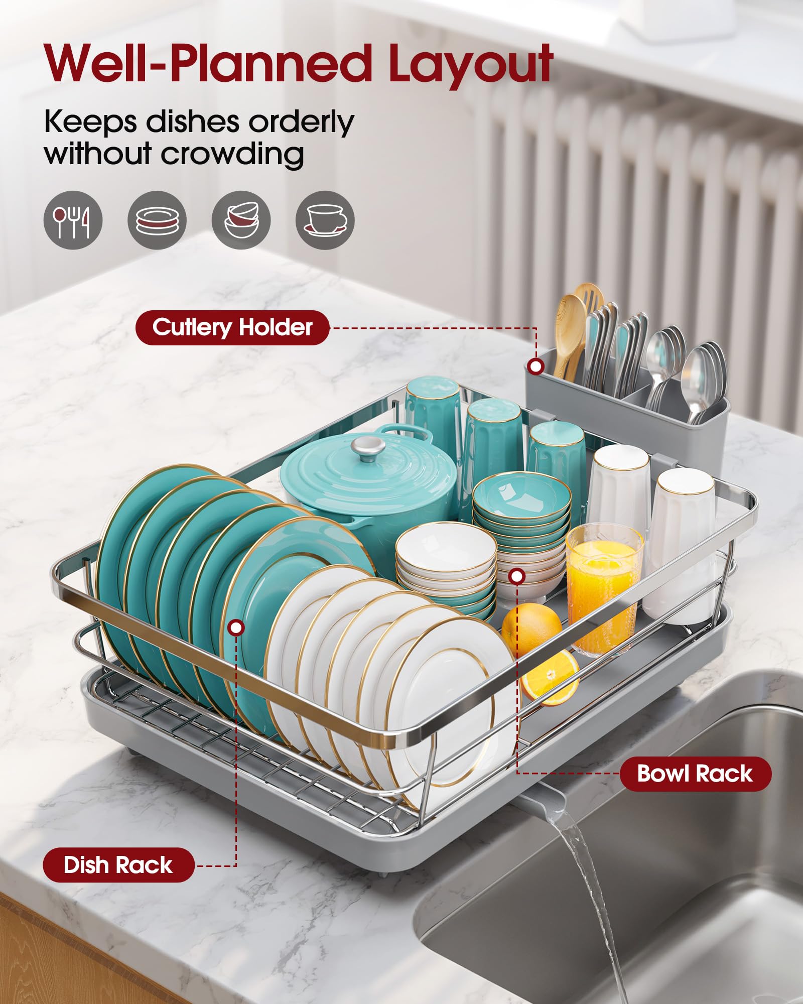 Sakugi close-up of drainboard and cutlery holder for efficient water removal
