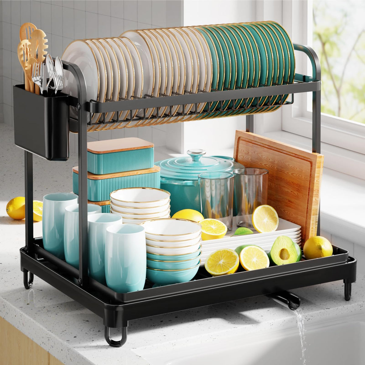 Sakugi front view of black 2-tier dish drying rack showing organized storage
