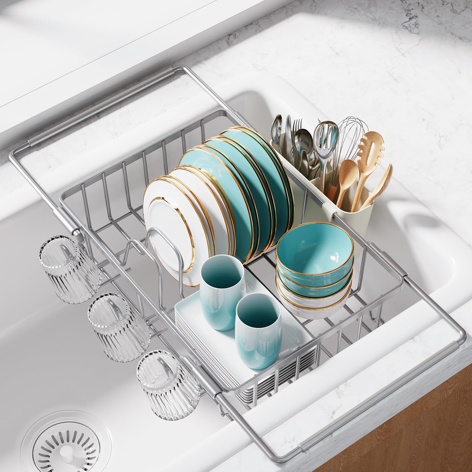 Sakugi front view of expandable over-sink rack showing organized drying benefit