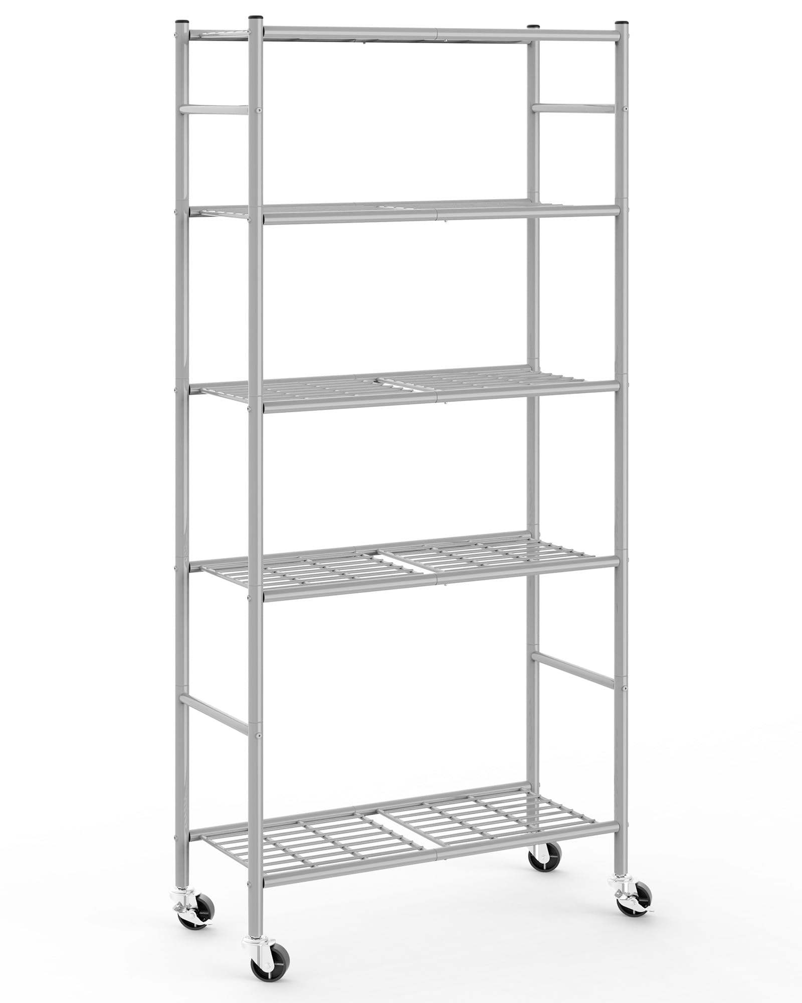 Sakugi front view of assembled 5-tier silver shelf showing compact footprint and storage benefit