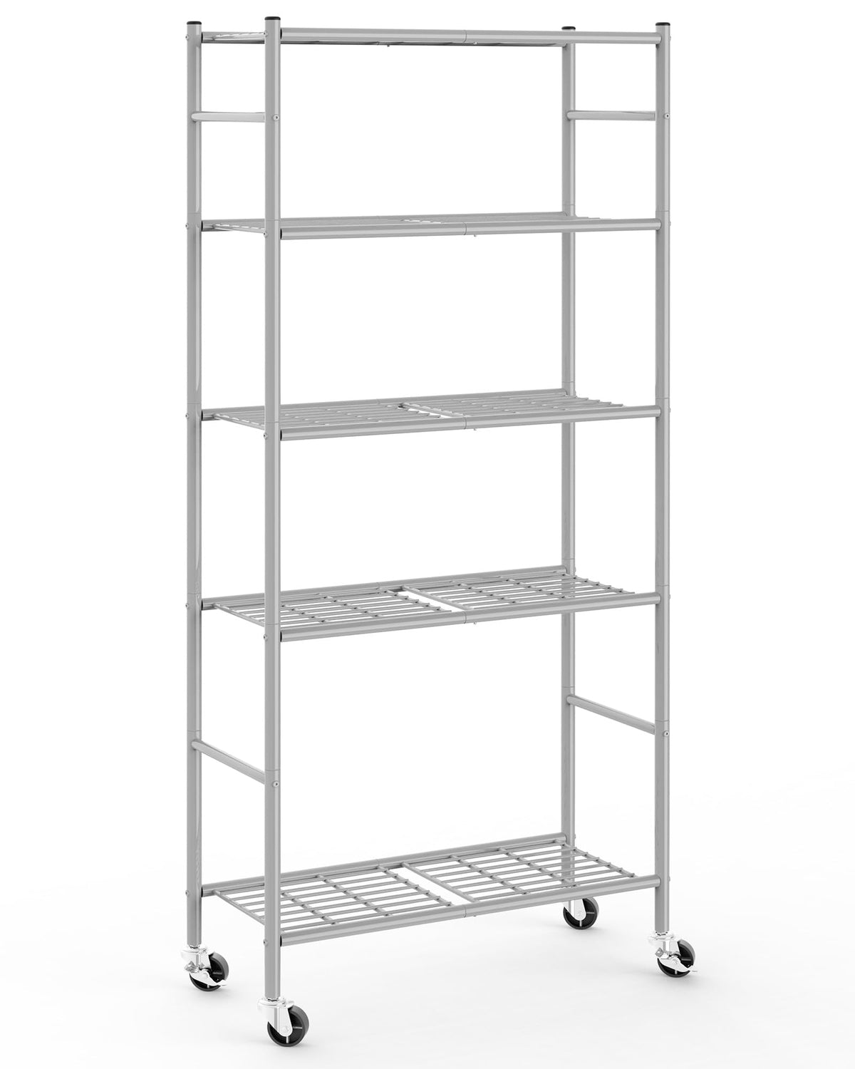Sakugi front view of assembled 5-tier silver shelf showing compact footprint and storage benefit