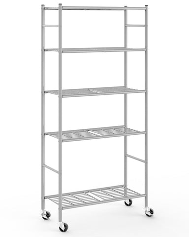 Sakugi front view of assembled 5-tier silver shelf showing compact footprint and storage benefit