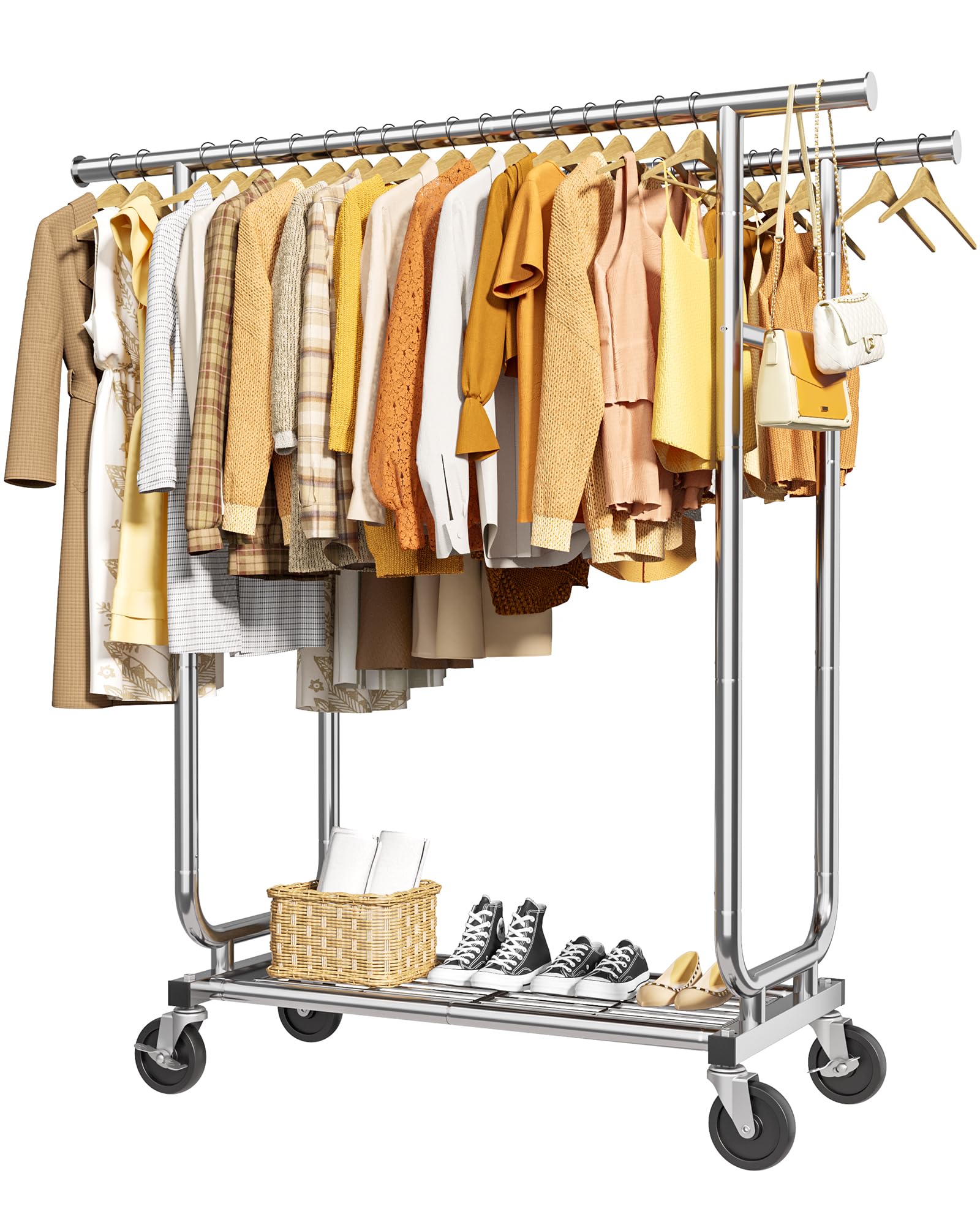 Sakugi front view of black double rod rack showing generous hanging space