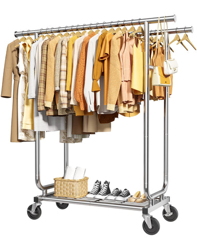Sakugi front view of black double rod rack showing generous hanging space