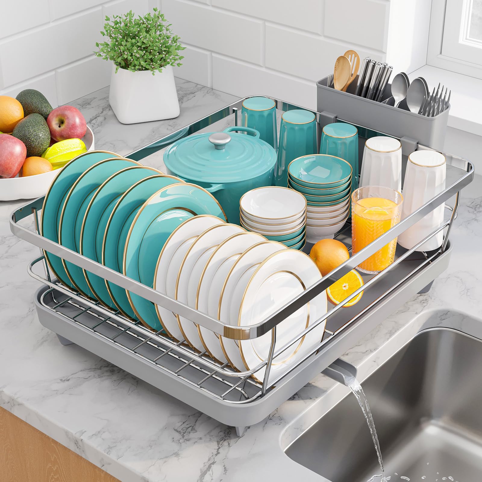 Sakugi front view on countertop showing compact dry storage and organized plates