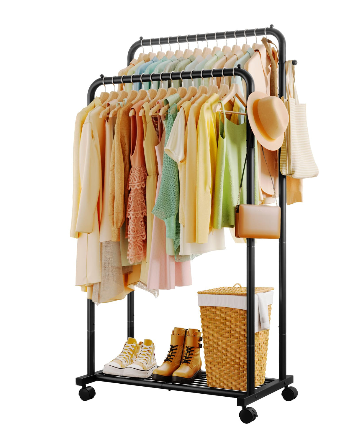 Sakugi front view full rack showing dual rods and mesh shelf for maximizing storage
