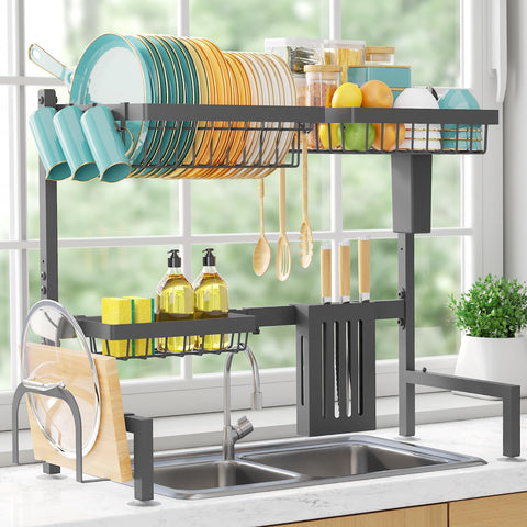 Sakugi front view over-the-sink rack showing organized storage and saved counter space