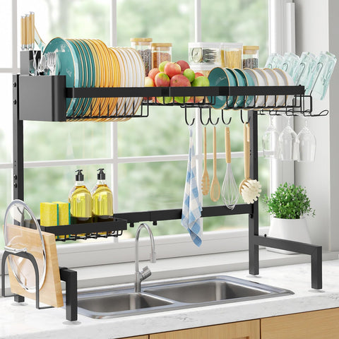 Sakugi front view over-the-sink rack showing organized dishes and saved counter space