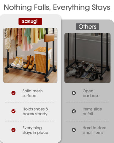 Sakugi hooks and side bars close-up offering accessory storage for bags and hats