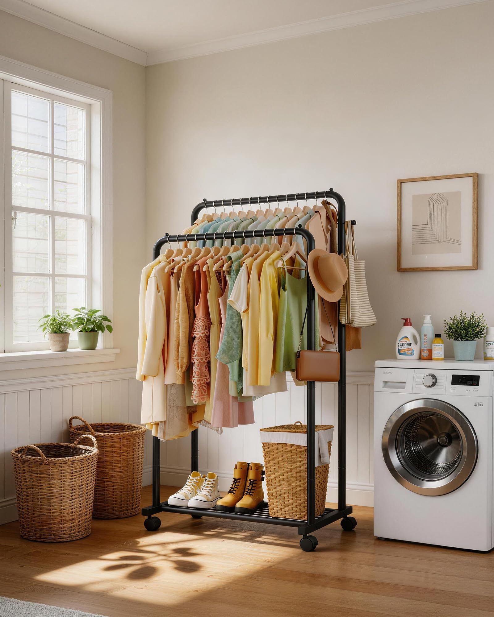 Sakugi lifestyle bedroom setting showing mobile wardrobe improving room organization