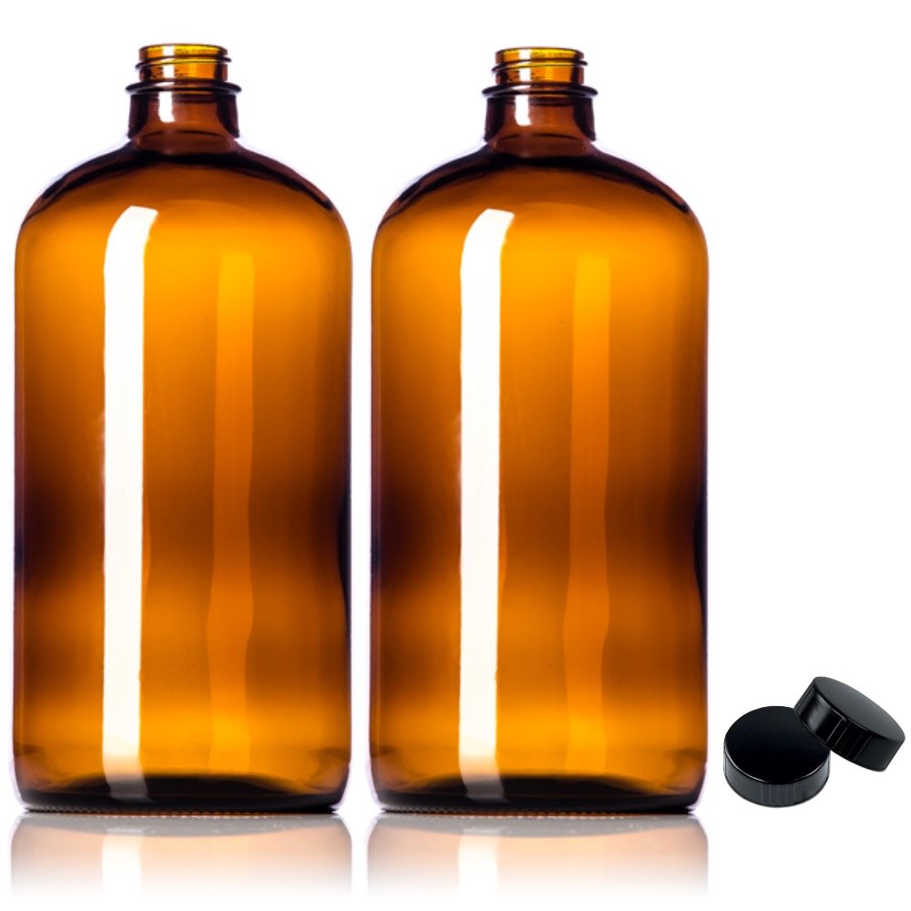 Sally's Organics front view of two 32oz amber bottles showing shape and label for versatile storage benefit