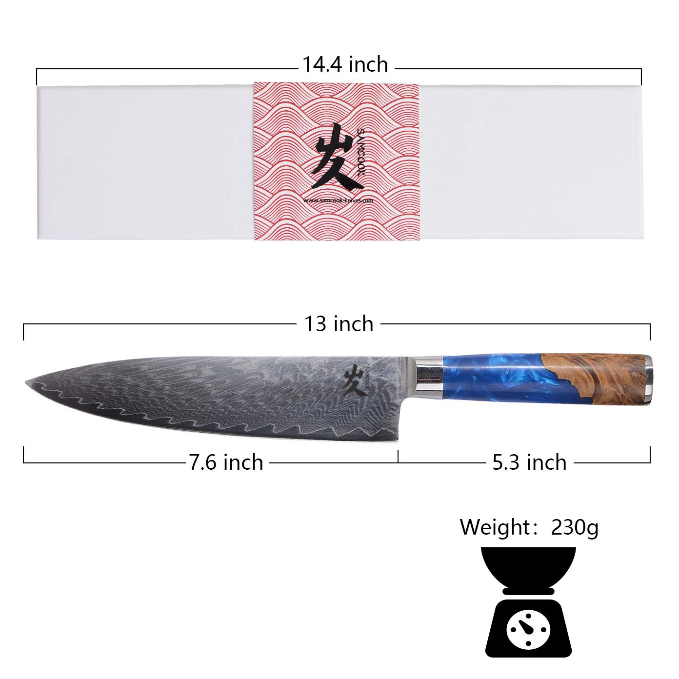 SAMCOOK close-up of Damascus pattern on blade, highlights layered steel craftsmanship