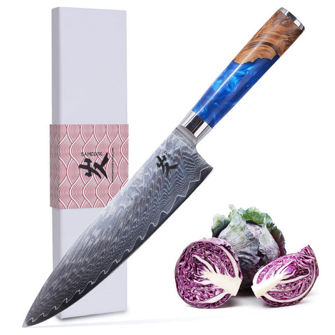 SAMCOOK front view of 8-inch Damascus gyuto showing full blade and handle, ideal balance