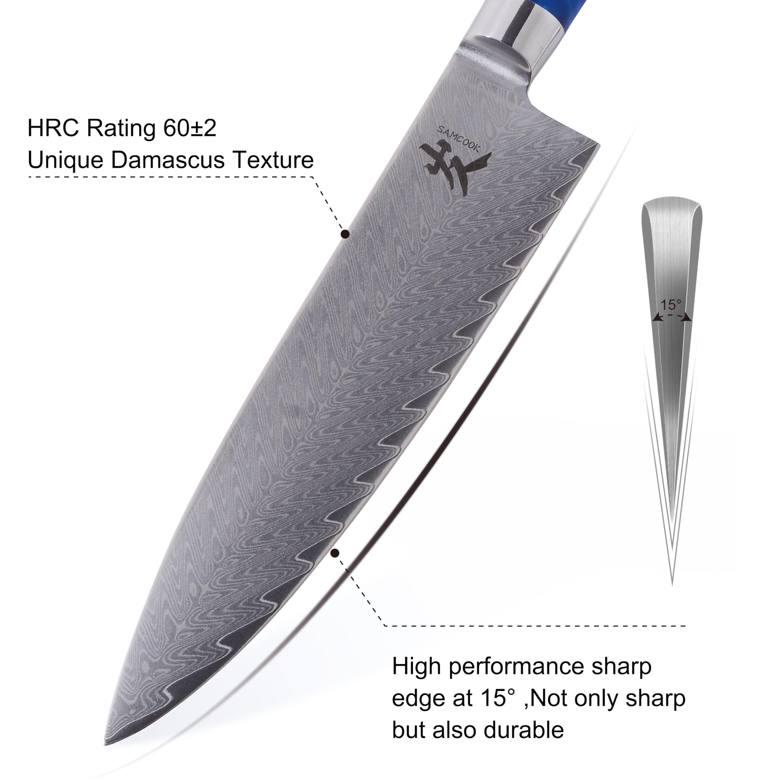 SAMCOOK handle detail of blue resin wood, comfortable grip and moisture resistance
