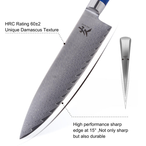 SAMCOOK handle detail of blue resin wood, comfortable grip and moisture resistance
