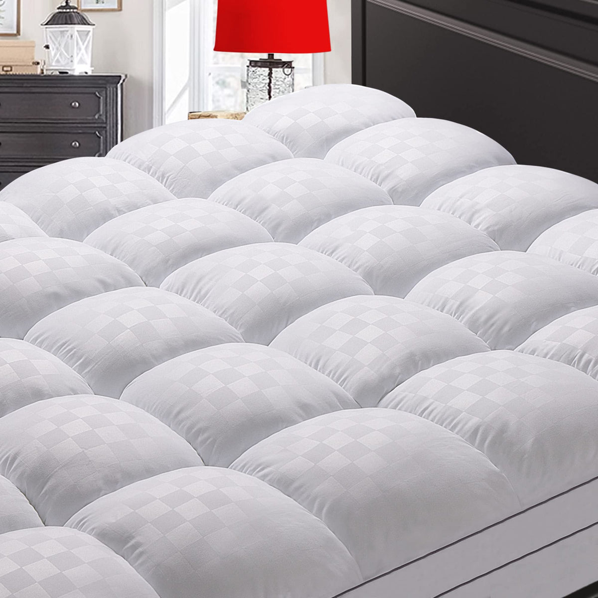 SameBed topper front view showing soft jacquard surface and neat fit
