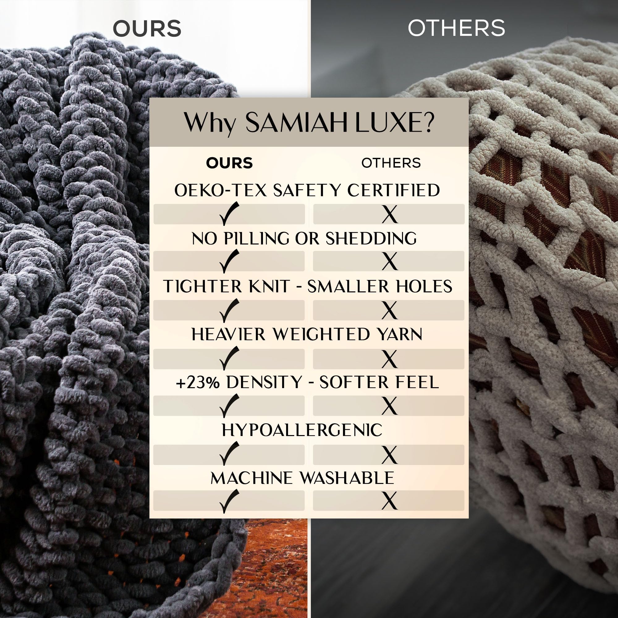 SAMIAH LUXE beside decorative pillow showing blanket scale and coverage