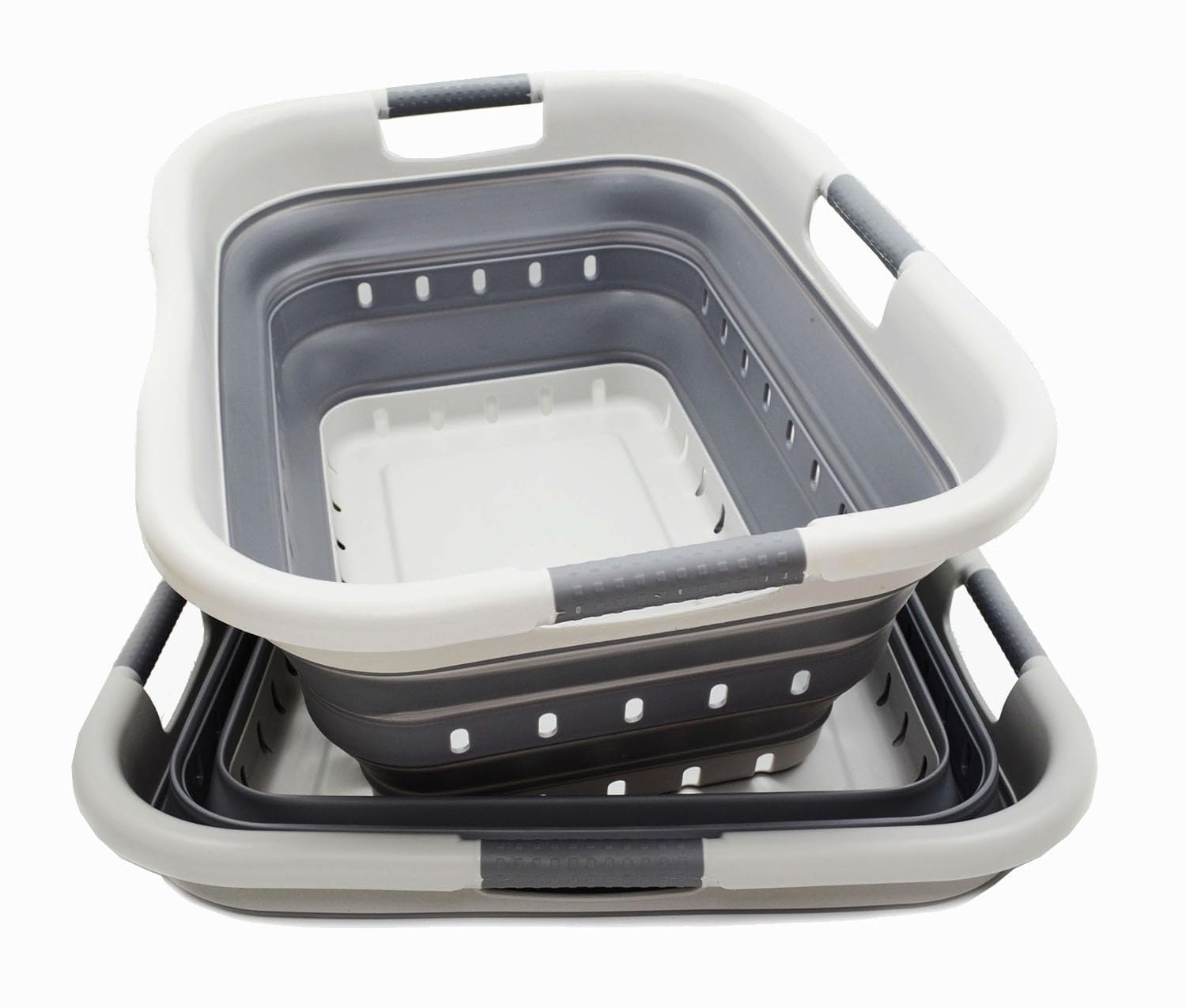 SAMMART front view of two grey collapsible baskets showing size and color benefit