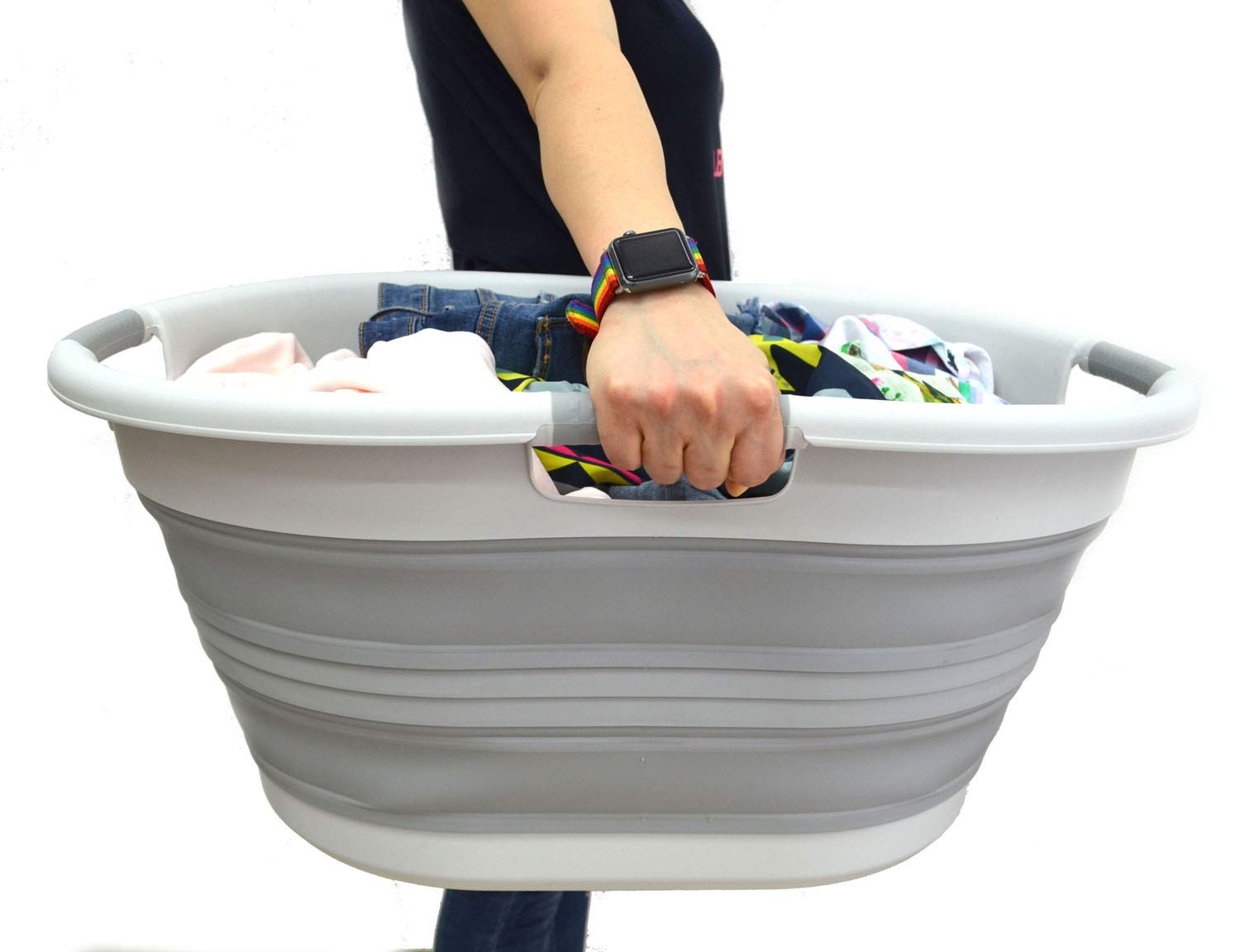 SAMMART filled with water and laundry to show wet-load stability and capacity