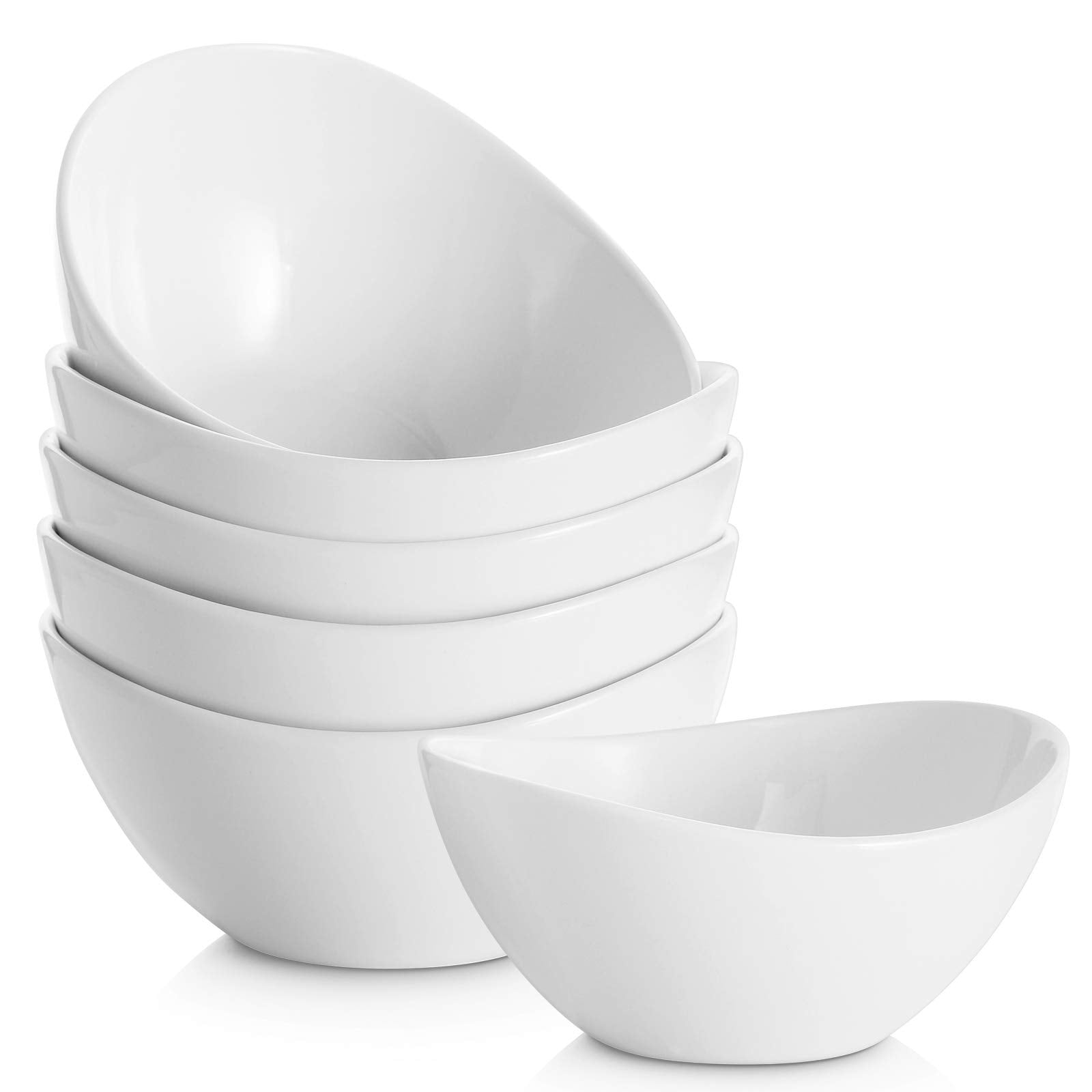 Samsle front view of six white bowls showing clean presentation benefit