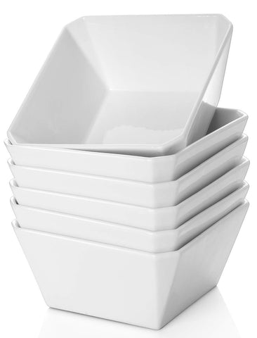 Samsle front view of six white square bowls showing clean modern design and set value