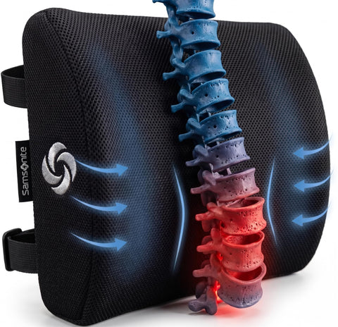 Samsonite front view of lumbar pillow showing ergonomic curve and comfortable support