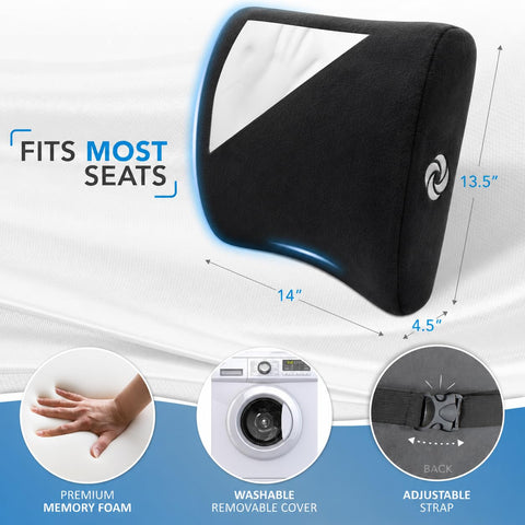 Samsonite lumbar pillow strap detail showing adjustable fit and security