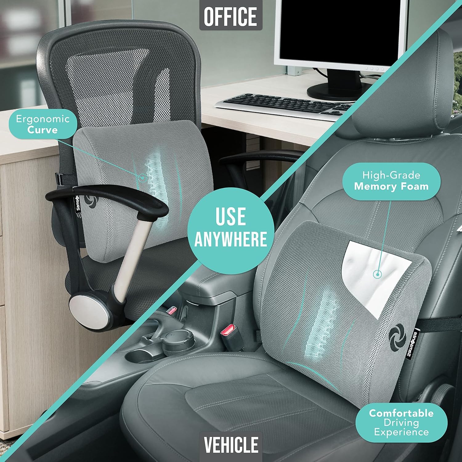 Samsonite angled profile of lumbar cushion illustrating slim design and stable support