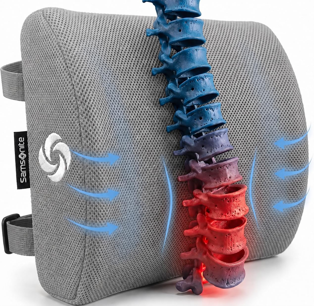 Samsonite front view of lumbar pillow showing contour and ergonomic shape for improved posture