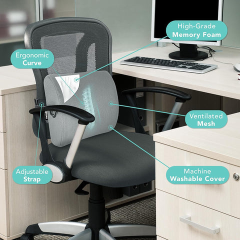 Samsonite lumbar cushion on car seat showing strap fastened for comfortable commutes