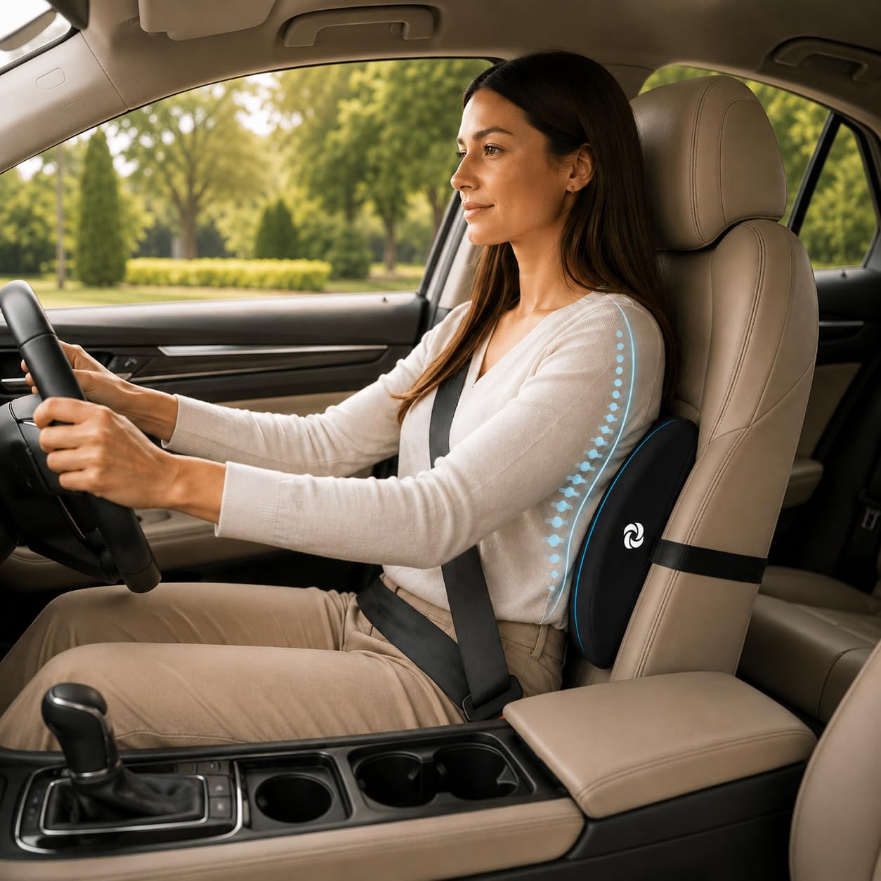 Samsonite lumbar pillow secured in car seat demonstrating stable support