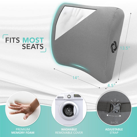 Samsonite lumbar pillow attached to office chair demonstrating secure fit and better focus