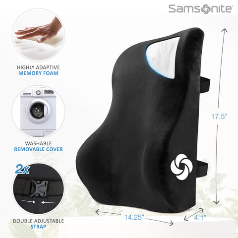 Samsonite lumbar pillow positioned on office chair improving posture support
