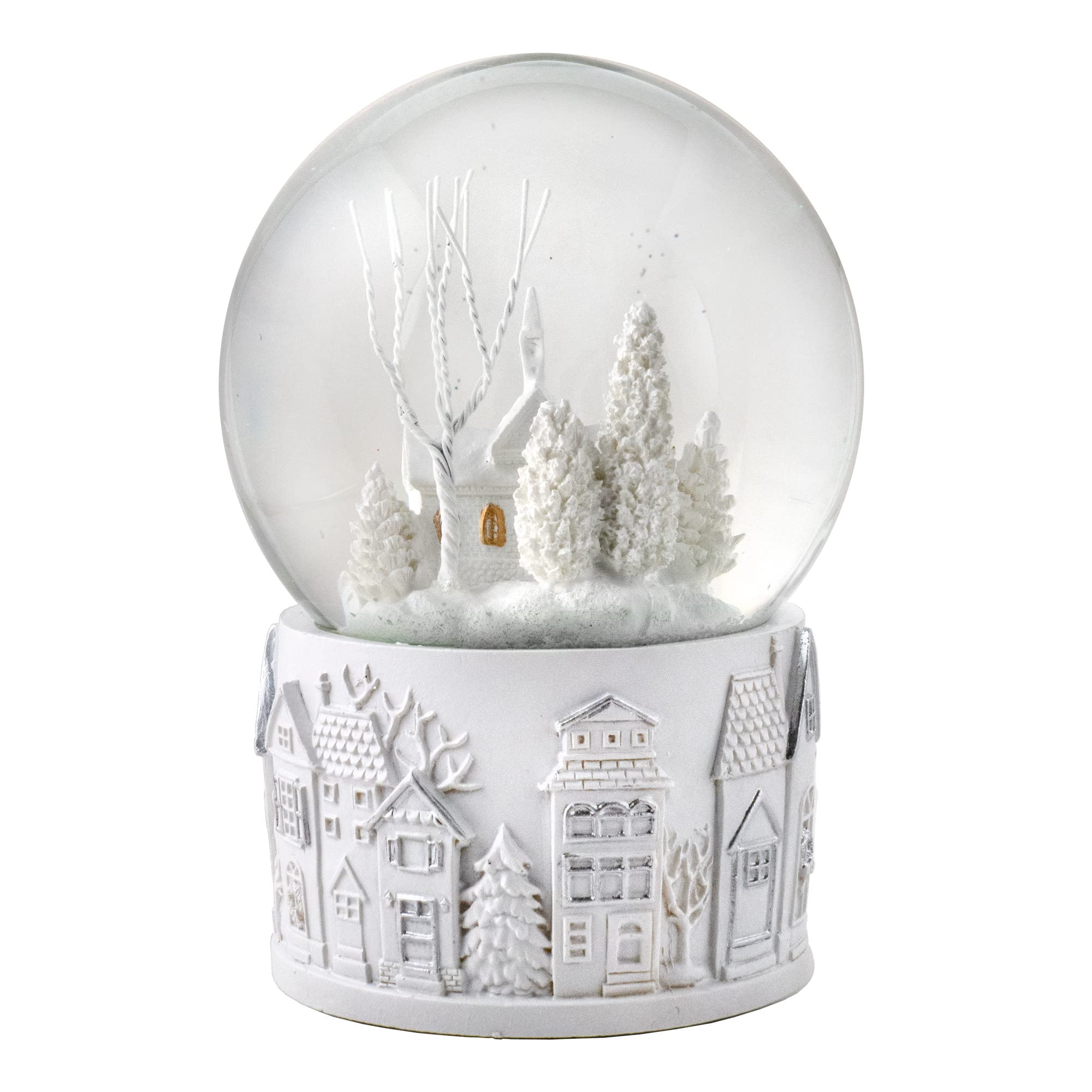 San Francisco Music Box Company snow globe on mantel with falling snow for cozy decor