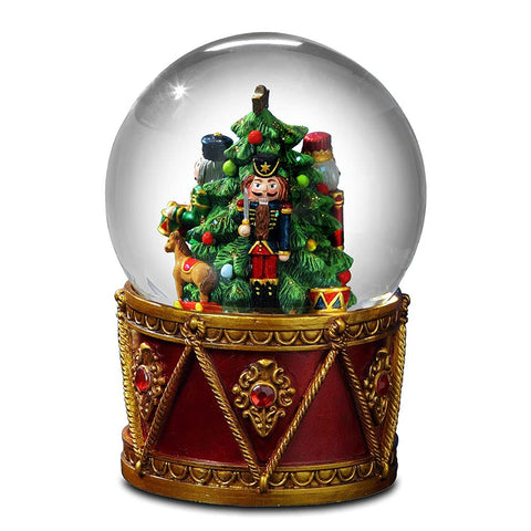 San Francisco Music Box Company front view of globe showing nutcrackers and drum, perfect tabletop accent