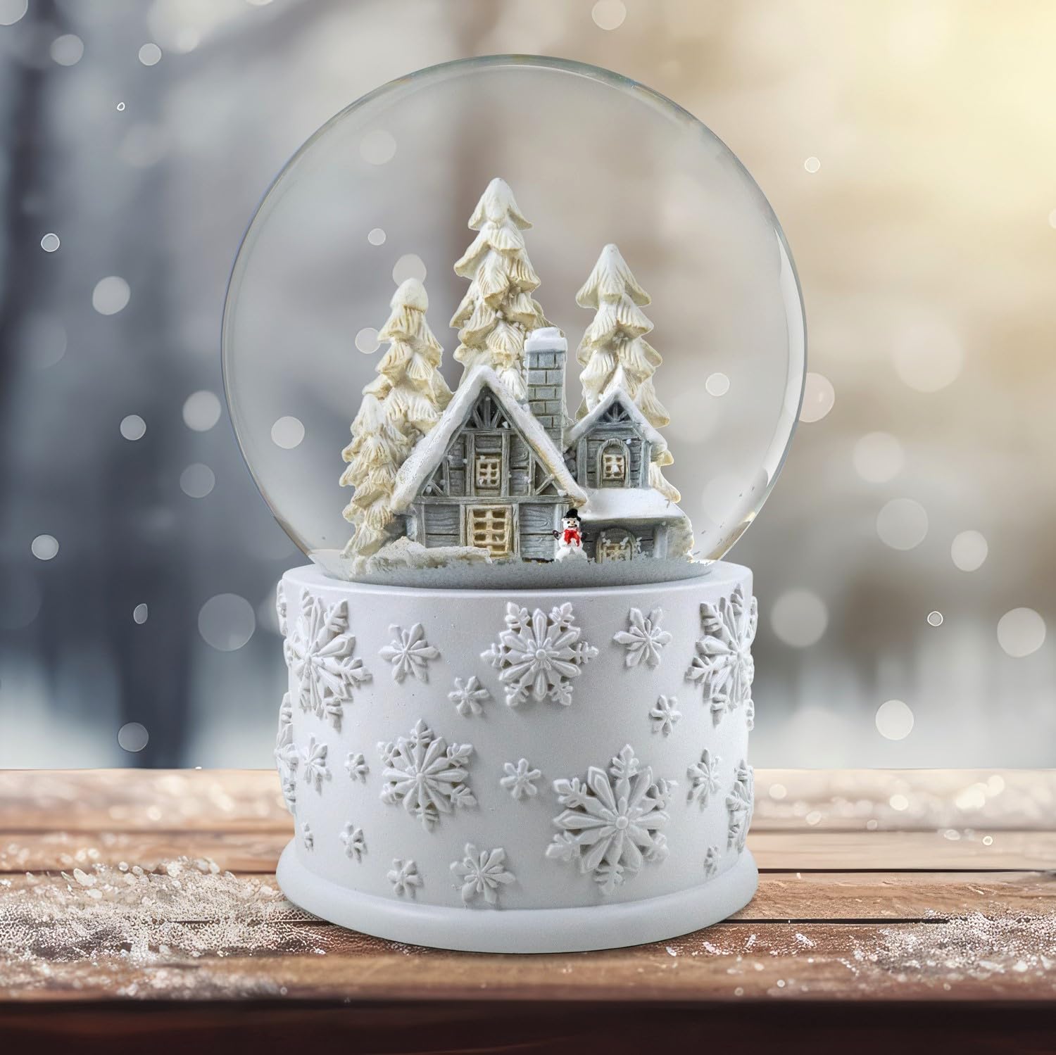 San Francisco Music Box Company snowy white home globe front view showing festive scene and cheerful ambiance