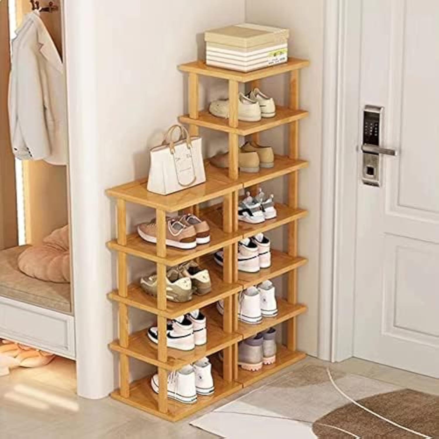 SAN HE front view of bamboo shoe rack showing slim footprint and neat storage benefit