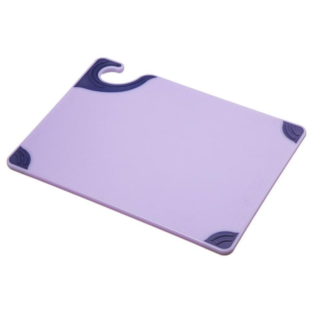 San Jamar cutting board front view showing purple Saf-T-Grip and safety hook benefit stability